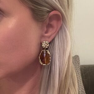 Vintage Geometric Gemstone Gold Tone and Brown Boho Drop Earrings NWT New